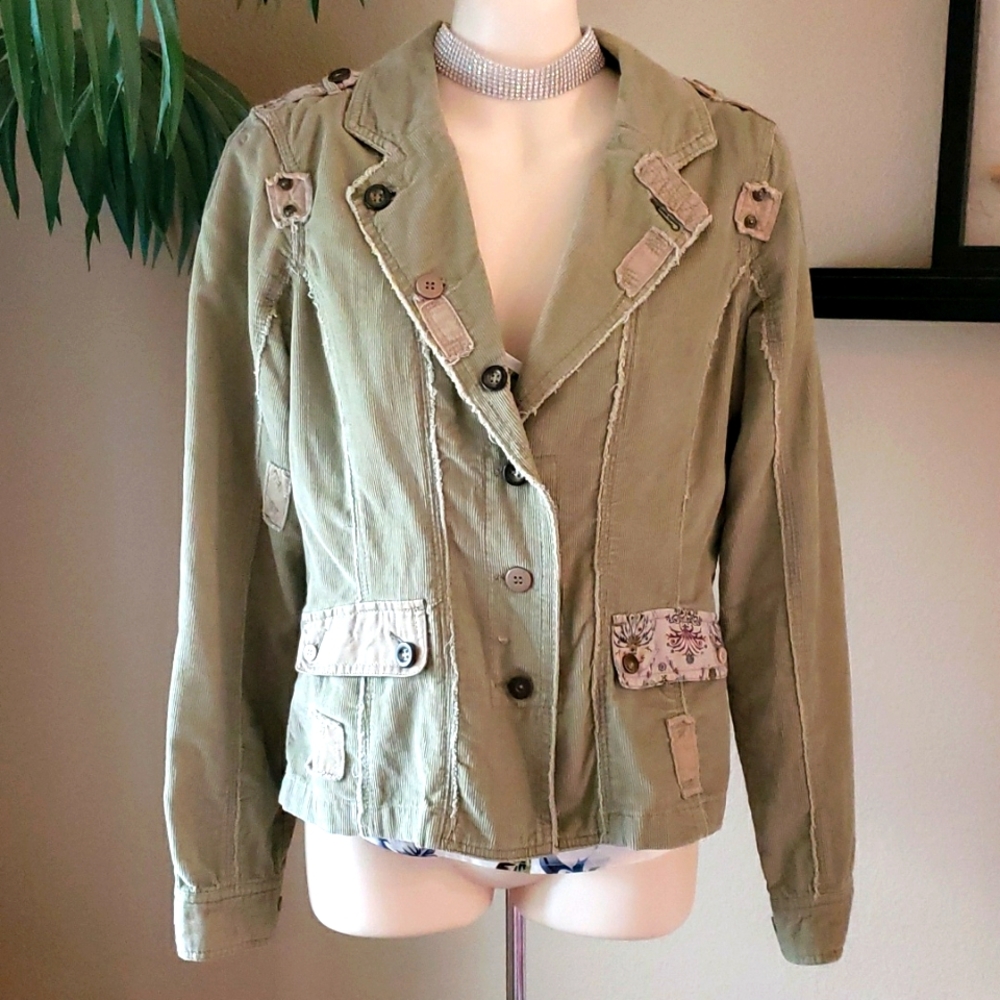Distressed Patchwork Olive Corduroy Jacket Blazer Juniors Medium Hawk Girls
